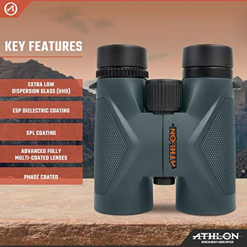 Athlon Optics 8×42 Midas UHD Gray Binoculars with ED Glass for Adults and Kids, High-Powered Binoculars for Hunting, Birdwatching, and More