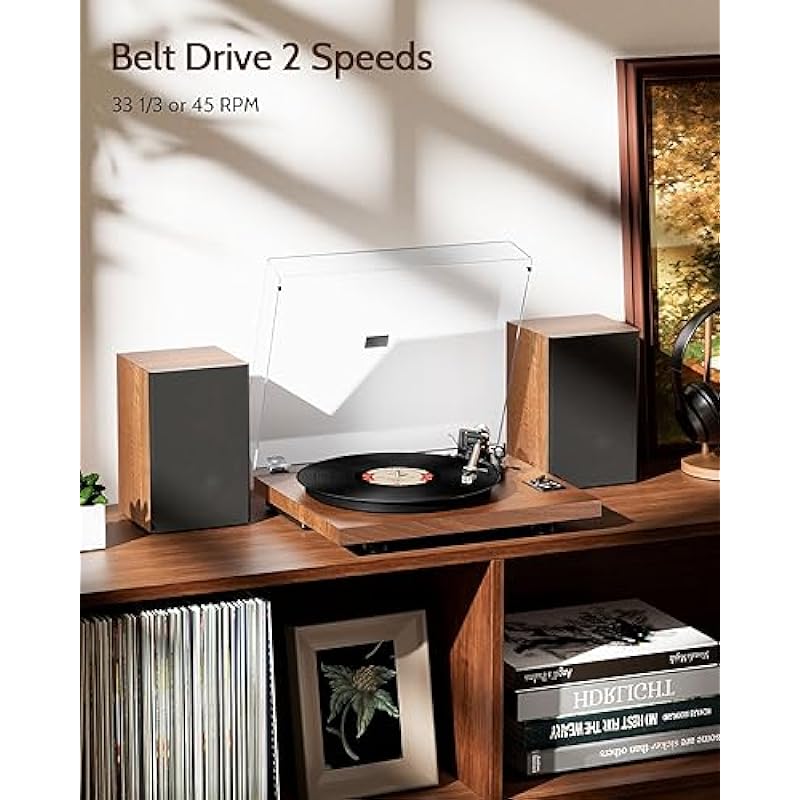 1 by ONE Bluetooth Turntable HiFi System with 36 Watt Bookshelf Speakers, Patend Designed Vinyl Record Player with Magnetic Cartridge, Bluetooth Playback and Auto Off