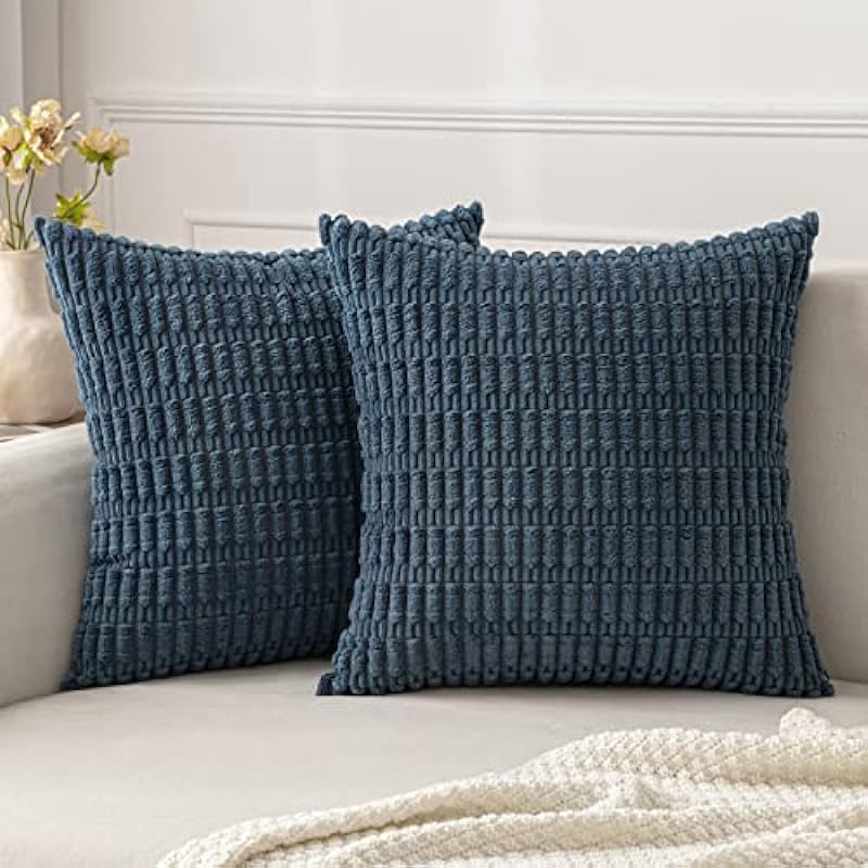 MIULEE Pack of 2 Corduroy Decorative Throw Pillow Covers 18×18 Inch Soft Boho Striped Pillow Covers Modern Farmhouse Home Decor for Sofa Living Room Couch Bed Blue