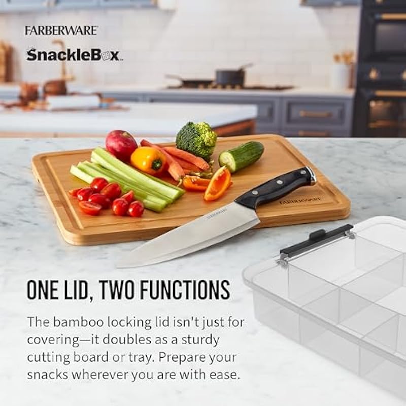 FARBERWARE Build-a-Board Snacklebox with Locking Bamboo Cutting Board Lid, Portable Charcuterie Storage with Compartments,Make it. Take it. Enjoy it., 11×16-Inch, Natural
