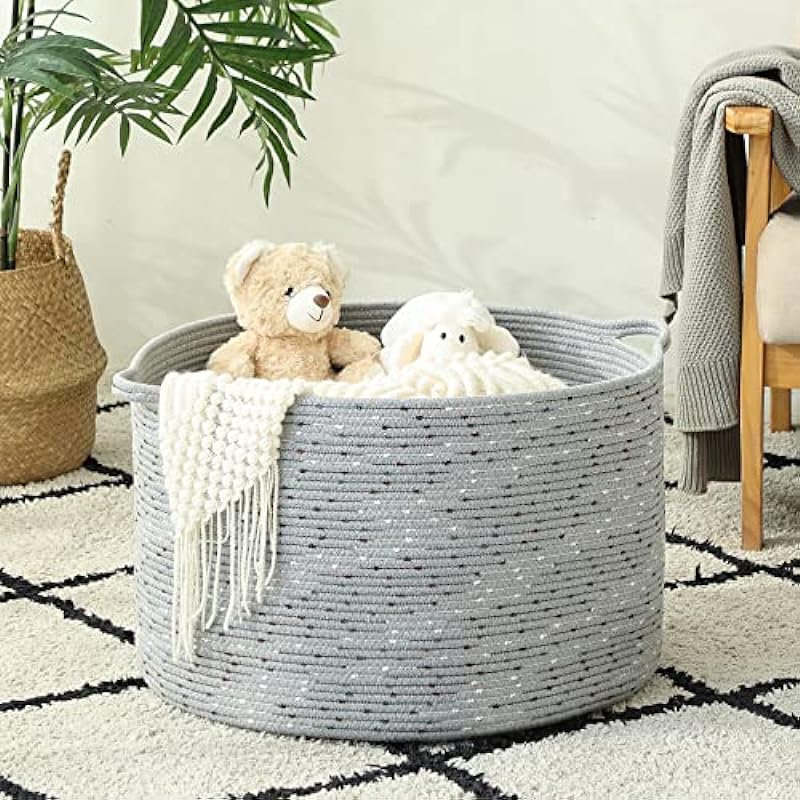 KAKAMAY Large Blanket Basket (20″x13″),Woven Baskets for storage Baby Laundry Hamper, Cotton Rope Blanket Basket for Living Room, Laundry, Nursery, Pillows, Grey with Blue & Brown Dotted