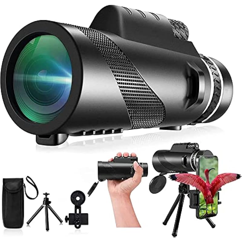 80X100 Monocular Telescope High Power with Smartphone Holder & Tripod, High Definition Larger Vision Monocular for Adults for Bird Watching Hiking Camping