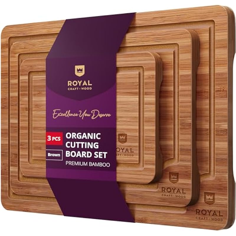 ROYAL CRAFT WOOD Wooden Cutting Boards for Kitchen Meal Prep & Serving – Bamboo Wood Serving Board Set with Deep Juice Groove Side Handles – Charcuterie & Chopping Butcher Block for Meat (3 Pcs)