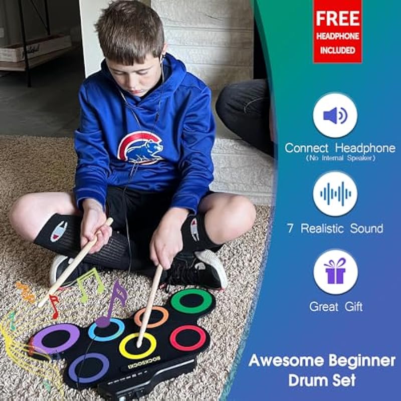 Electric Drum Set, 7-Pad Kids Electronic Drum Set with Headphone Included, Roll-up Drum Practice Pad, Great Holiday Xmas Birthday Gift for Kids (Speaker Excluded)