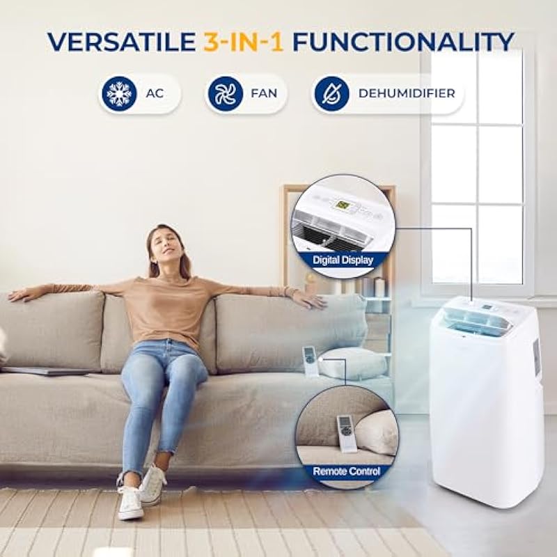 SereneLife Small Air Conditioner Portable 12,000 BTU with Built-in Dehumidifier – Portable AC unit for rooms up to 550 sq ft – Remote Control, Window Mount Exhaust Kit