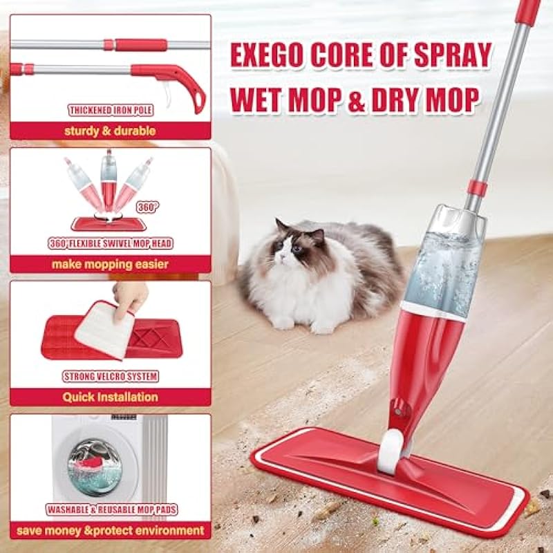 Spray Wet Mop for Hardwood Floor Cleaning, EXEGO Microfiber Dry Dust Spray Mop with Washable Pads fit for Swiffer Power Mop, Wet Mop with Jet Sprayer for Wood Laminate Ceramic Tiles Home Commercial