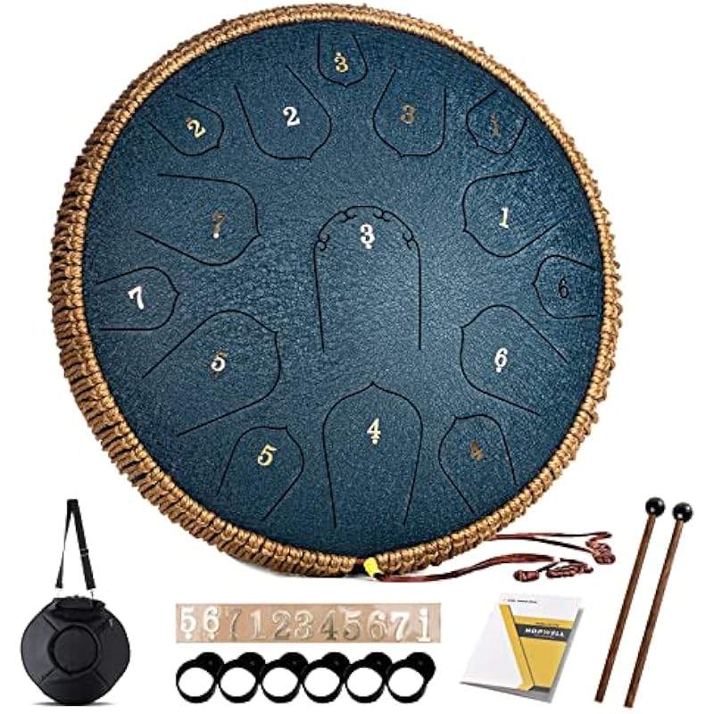 Steel Tongue Drum – 14 Inch 15 Note Tongue Drum – Hand Pan Drum with Music Book, Handpan Drum Mallets and Carry Bag, D Major (Navy Blue)