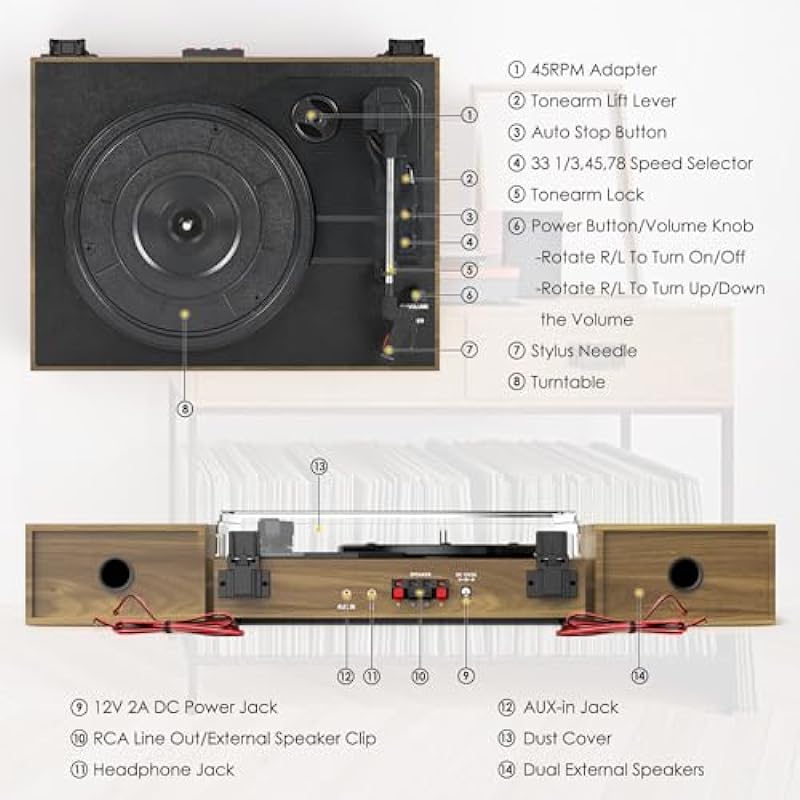 Record Player for Vinyl with External Speakers, Belt-Drive Turntable with Dual Stereo Speakers Vintage Vinyl LP Player Support 3 Speed Wireless AUX Headphone Input Auto Stop for Music Lover Wood Bark