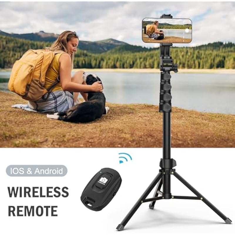 64” Tripod for Cell Phone & Camera, Phone Tripod with Remote and Phone Holder, Portable Tripod for iPhone, Phone Tripod for Video Recording, Cell Phone Tripod Mount Stand for Cellphone