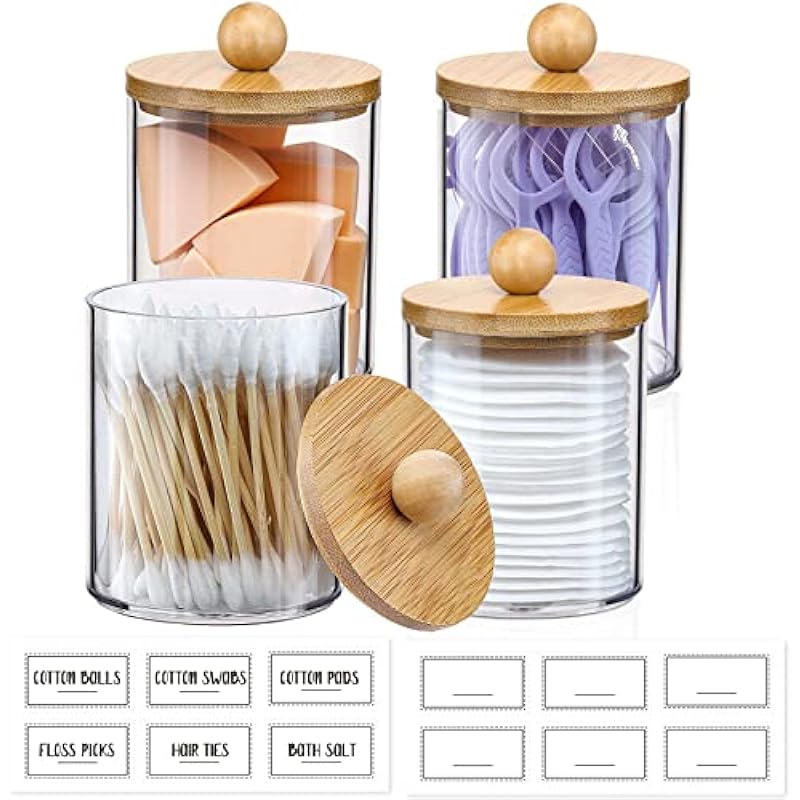 4 Pack Qtip Holder Dispenser with Bamboo Lids – 10 oz Clear Plastic Apothecary Jar Containers for Vanity Makeup Organizer Storage – Bathroom Accessories Set for Cotton Swab, Ball, Pads, Floss