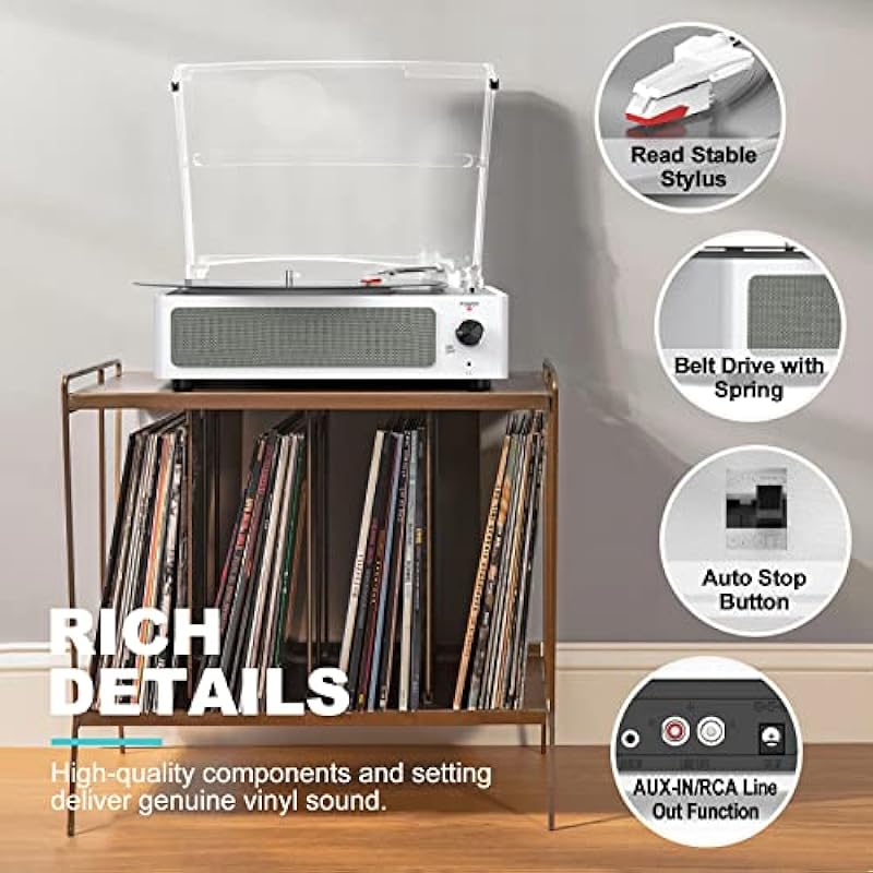 Record Player for Vinyl with Speakers Turntable for Vinyl Records Belt-Drive LP Players Support 3-Speed 3 Size, Wireless Input Playback, Headphone, AUX-in, RCA Line Out, Auto Stop New Sleek White