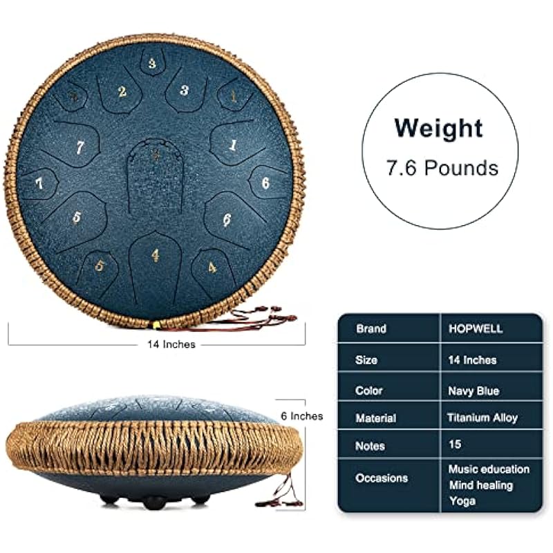 Steel Tongue Drum – 14 Inch 15 Note Tongue Drum – Hand Pan Drum with Music Book, Handpan Drum Mallets and Carry Bag, D Major (Navy Blue)
