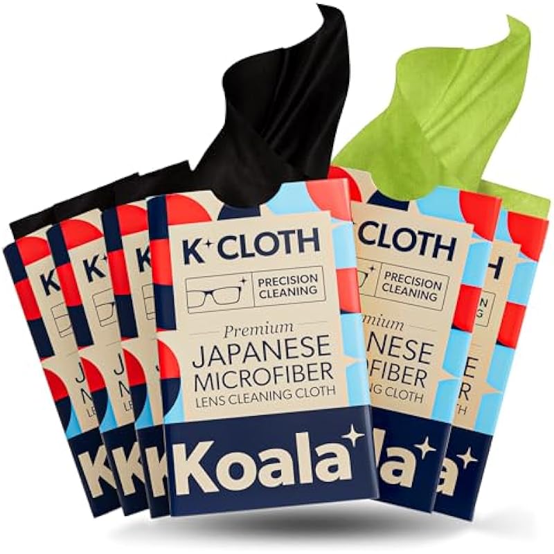 Koala Lens Cleaning Cloth | Japanese Microfiber | Glasses Cleaning Cloths | Eyeglass Lens Cleaner | Eyeglasses, Camera Lens, VR/AR Headset, and Screen Cleaning | Black & Green (Pack of 6)