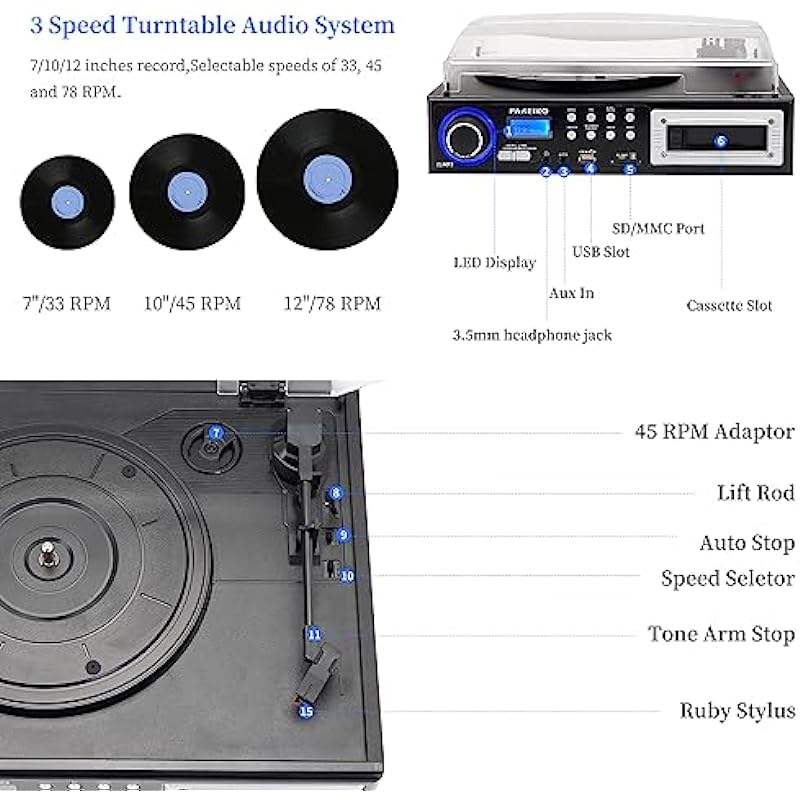 3 Speeds Record Player Portable Bluetooth Turntable with Built-in Dual Stereo Speakers, Vinyl Phonograph Supports USB/SD/MMC Cassette Aux-in 3.5mm Audio Jack, Black