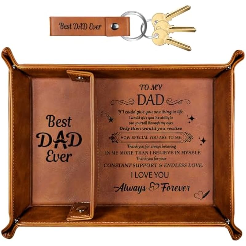 Best Dad Ever Gifts for Dad from Daughter, Fathers Day Dad Gifts PU Leather Valet Tray & Keychain, Father’s Day Birthday Gifts from Daughter Son Wife, Men Gift for Dad New Dad Gifts for Husband
