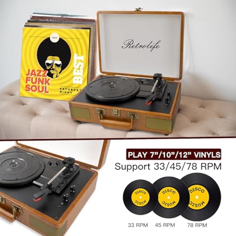 Record Player 3 Speed Bluetooth Portable Suitcase Vinyl Player with Built-in Speakers Turntable Enhanced Audio Sound PU Leather Vintage Brown