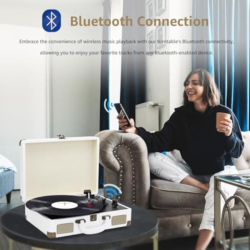 3 Speeds Record Player with Built-in Speakers, Bluetooth Portable Suitcase Turntable with Built-in Baterry,3.5mm Headphone Jack Vinyl Phonograph with PC Recording AUX-in/RCA-Out,White
