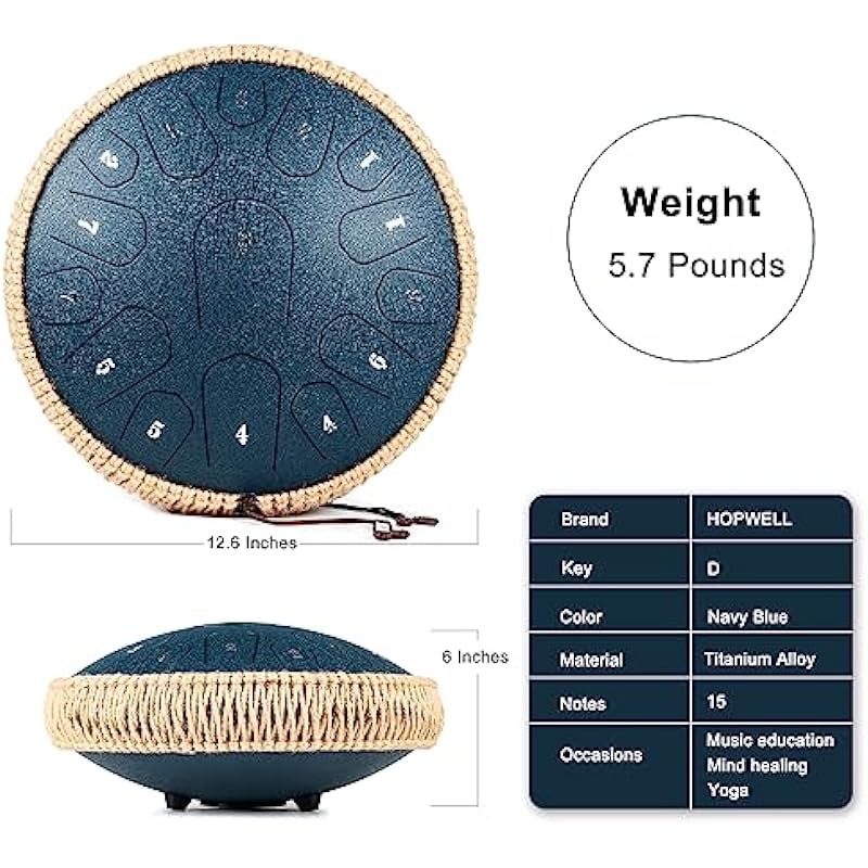 Steel Tongue Drum – 13 Inches 15 Notes Tongue Drum – Hand Pan Drum with Music Book, Handpan Drum Mallets and Carry Bag, D Major (Navy Blue)