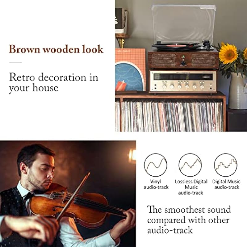 Vinyl Record Player Wireless Turntable with Built-in Speakers and USB Belt-Driven Vintage Phonograph Record Player 3 Speed for Entertainment and Home Decoration Coffee