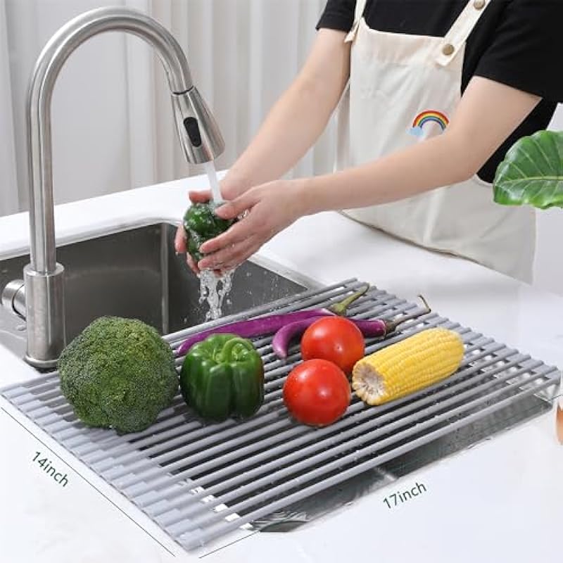 Over The Sink Dish Drying Rack, Roll up Sink Dish Drainer Rack Multipurpose Foldable Kitchen Stainless Steel Dish Rack Sink Drying Rack(17 * 14inch)…