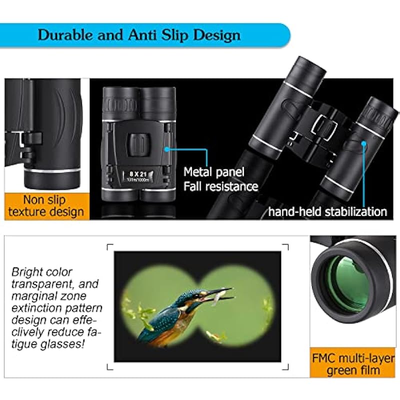 8×21 Mini Compact Pocket Binoculars, Lightweight Foldable Easy Focus Small Binoculars for Adults Kids Bird Watching,Opera Concert, Travel, Hiking, Outdoor Scenery, Football Game