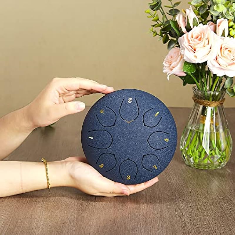 Steel Tongue Drum, 6 Inch 8 Note Steel Hand Drum with Bag, Music Book, Drumsticks, Mallet Holder and Finger Paddles, for Camping, Meditation or Yoga .(Navy Blue)