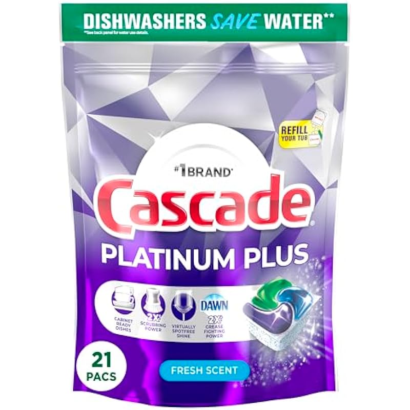 Cascade Platinum Plus Dishwasher Pods, Dish Detergent ActionPacs, Fresh, 21 Count