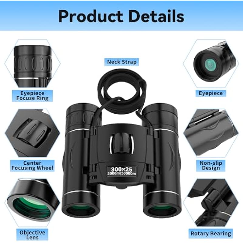 300×25 Binoculars for Adults and Kids, High Powered Mini Pocket Binoculars with Phone Adapter, Waterproof Compact Binoculars for Bird Watching, Hunting, Concert, Theater, Opera, Traveling, Sightseeing