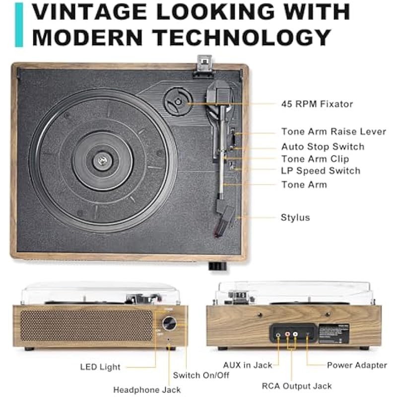 Vinyl Record Player with Speaker Vintage Turntable for Vinyl Records Belt-Driven Turntable Support 3-Speed Wireless Playback Headphone AUX RCA Line LP Vinyl Players for Sound Enjoyment Retro Wood Cyan
