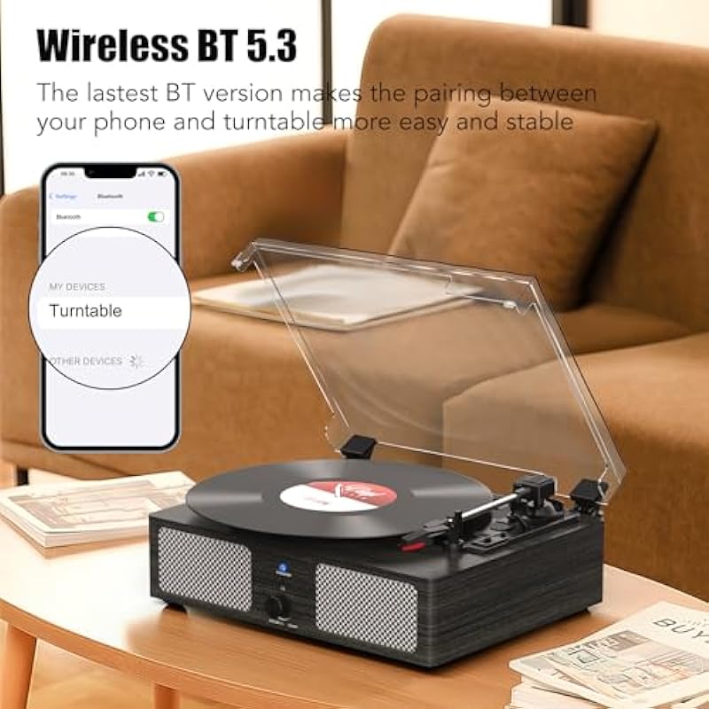 Vinyl Record Player with Build in Speakers Vintage Portable Turntable Supports Bluetooth Receiver USB Input,AUX Input,RCA Line Out,3 Speed and Headphone Jack Wooden Black