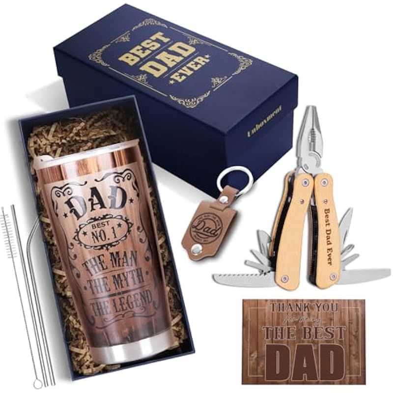 Fathers Day Dad Gifts, Best Dad Ever Gifts Basket, Retro Vintage Birthday Gifts for Dad Men, Tumbler Mug, Multitool, Keychain, Card, with Stylish Gift Box