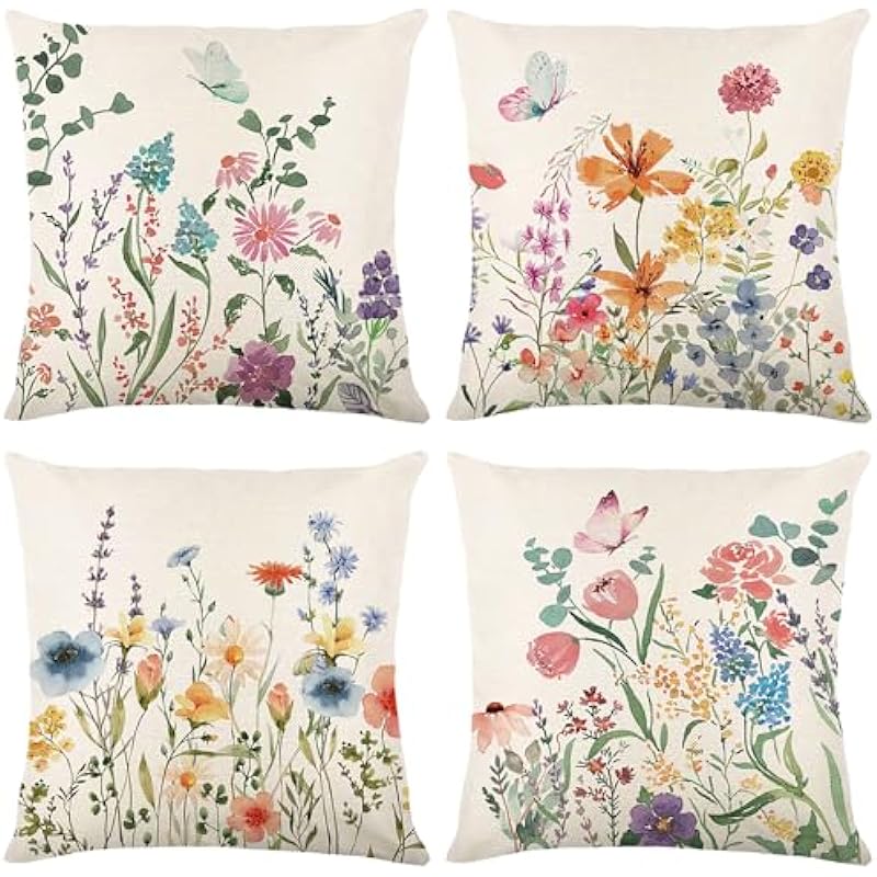 Spring Decorations for Home – Spring Pillow Covers 18×18, Outdoor Pillow Covers Spring Farmhouse Throw Pillow Cover Garden Linen Cushion Case for Home Decor