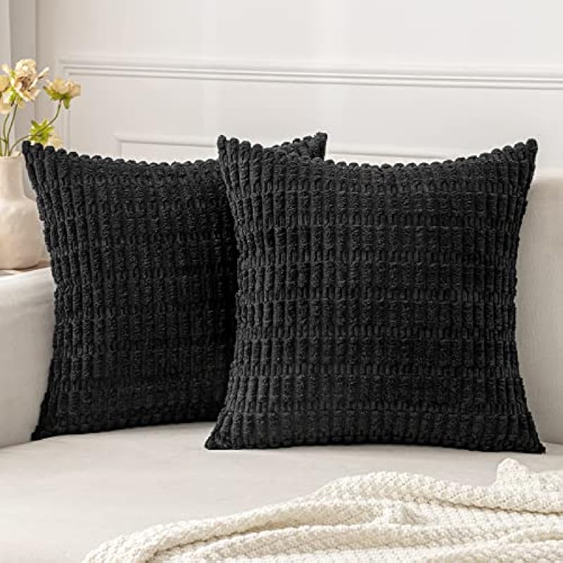 MIULEE Pack of 2 Corduroy Decorative Throw Pillow Covers 18×18 Inch Soft Boho Striped Pillow Covers Modern Farmhouse Home Decor for Sofa Living Room Couch Bed Black