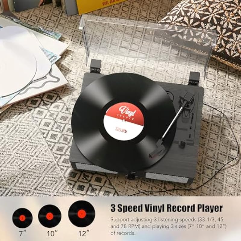 Vinyl Record Player with Build in Speakers Vintage Portable Turntable Supports Bluetooth Receiver USB Input,AUX Input,RCA Line Out,3 Speed and Headphone Jack Wooden Black