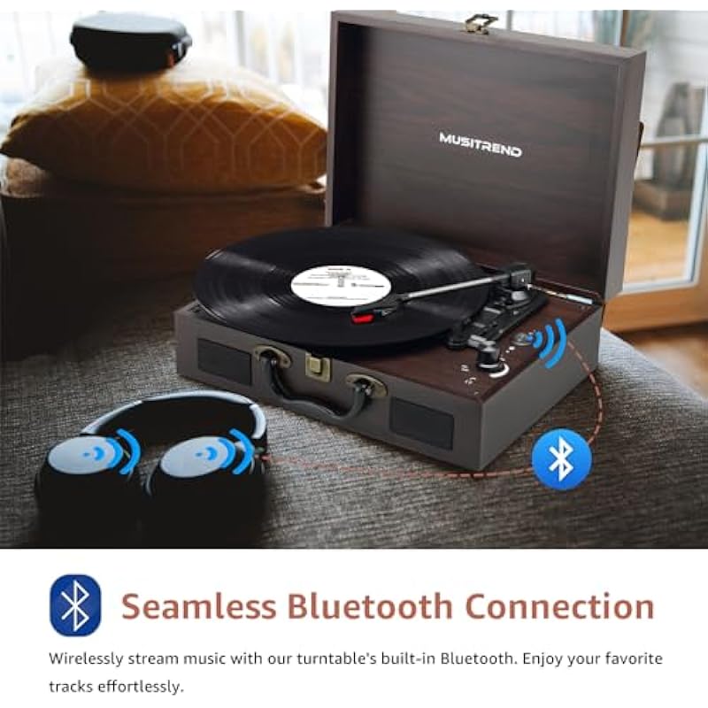 Retro Record Player 3 Speeds Portable Suitcase Turntable with Built-in Speakers, Wireless Bluetooth Phonograph with 3.5mm Earphone Jack Built-in Battery AUX-in/RCA-Out, Black-Brown