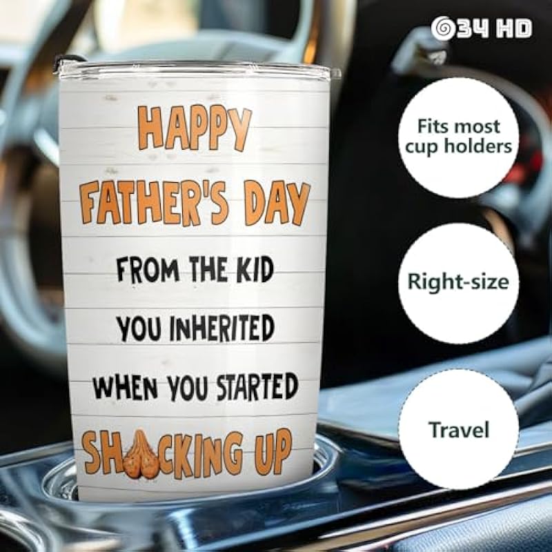 34HD Step Dad Father Day Gifts, Funny Bonus Dad Tumbler with Lid 20 oz Stainless Steel, Happy Fathers Day Mug, Funny Gifts for Step Dad
