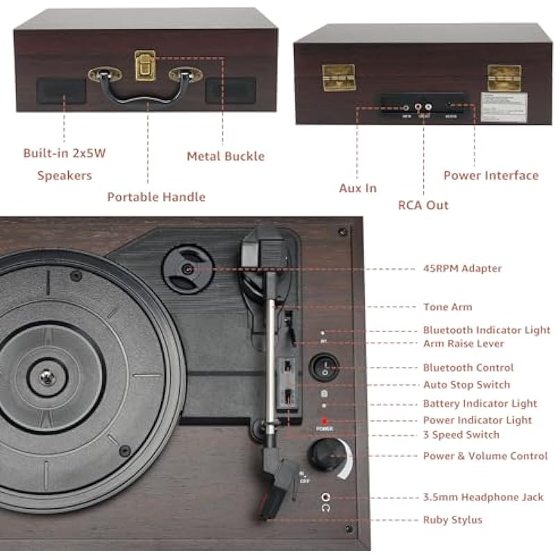 Retro Record Player 3 Speeds Portable Suitcase Turntable with Built-in Speakers, Wireless Bluetooth Phonograph with 3.5mm Earphone Jack Built-in Battery AUX-in/RCA-Out, Black-Brown