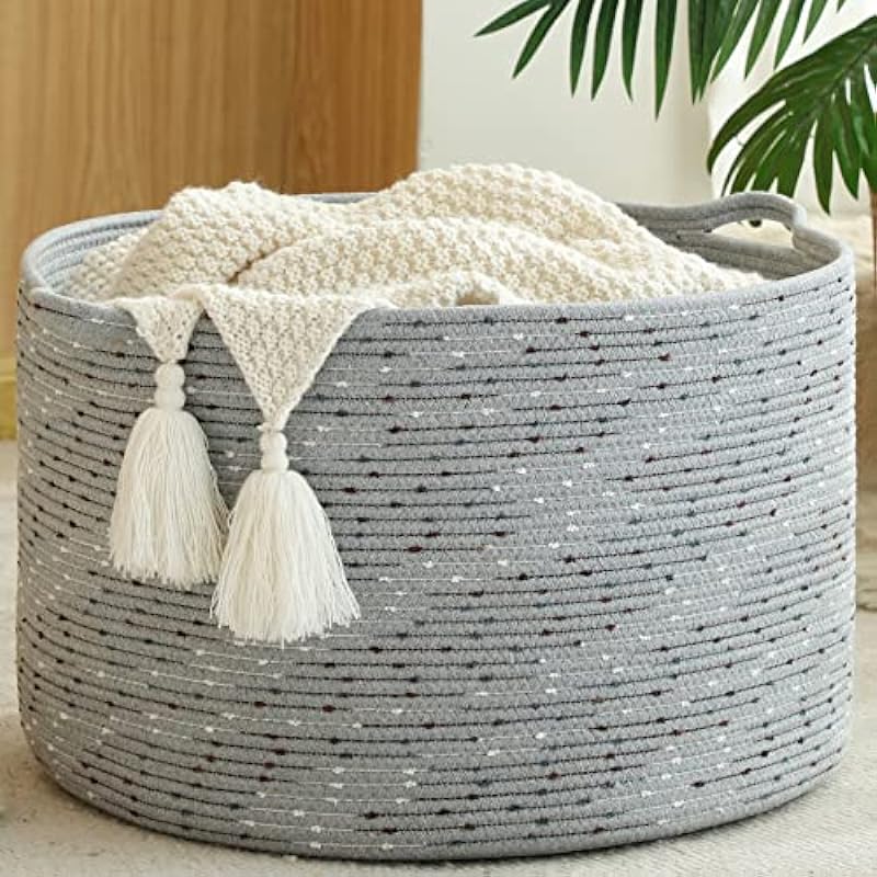 KAKAMAY Large Blanket Basket (20″x13″),Woven Baskets for storage Baby Laundry Hamper, Cotton Rope Blanket Basket for Living Room, Laundry, Nursery, Pillows, Grey with Blue & Brown Dotted