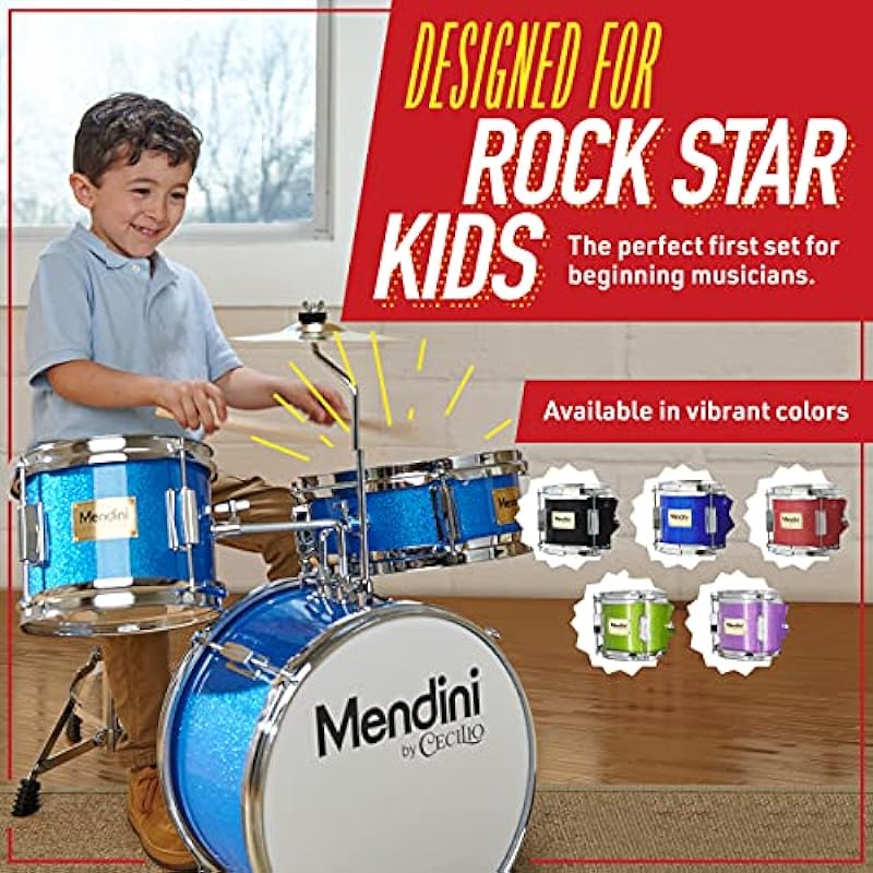 Mendini by Cecilio Kids Drum Set – Junior Kit w/ 4 Drums (Bass, Tom, Snare, Cymbal), Drumsticks, Drum Throne – Beginner Drum Sets & Musical Instruments