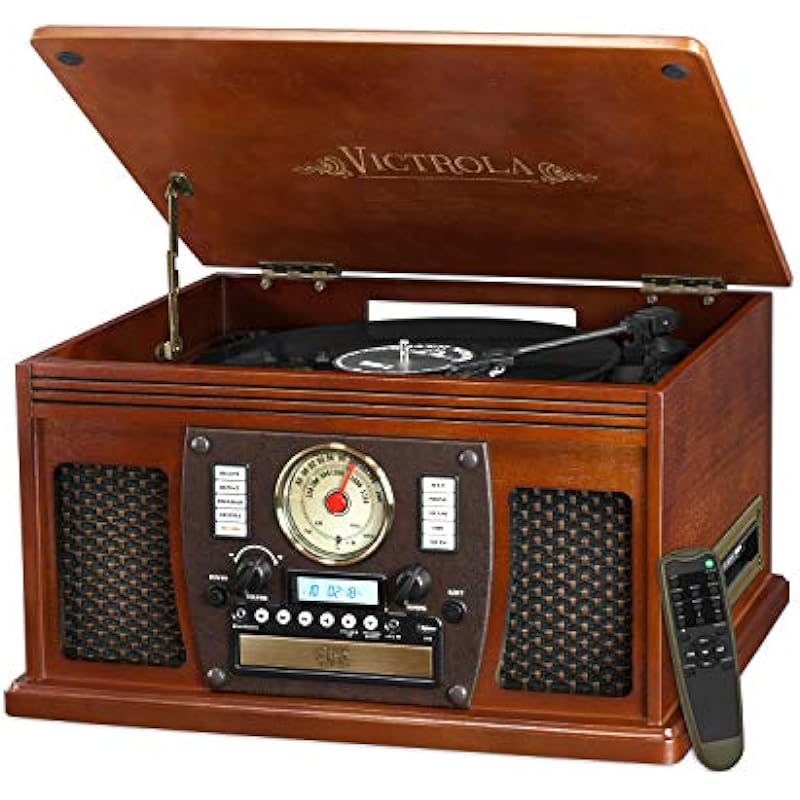 Victrola 8-in-1 Bluetooth Record Player & Multimedia Center, Built-in Stereo Speakers – Turntable, Wireless Music Streaming, Real Wood | Mahogany