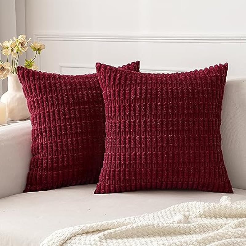 MIULEE Pack of 2 Burgundy CorduroyDecorative Throw Pillow Covers 18×18 Inch Soft Boho Striped Pillow Covers Modern Farmhouse Home Decor for Spring Sofa Living Room Couch Bed