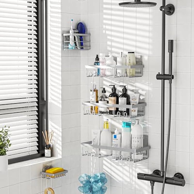 Moforoco Grey Shower Caddy Organizer Shelves Rack – 5 Pack Corner Bathroom Storage Organization, Home & Kitchen Decor Inside RV Accessories, Hanging First Apartment Household Camper Essentials