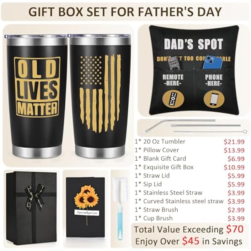Father’s Day Gifts, Old Lives Matter Tumbler with Card & Pillow Cover Gift Set, Unique Cool Gifts for Dad Husband, Funny Father’s Day Birthday Gifts from Daughter Wife Son(20Oz, Black)