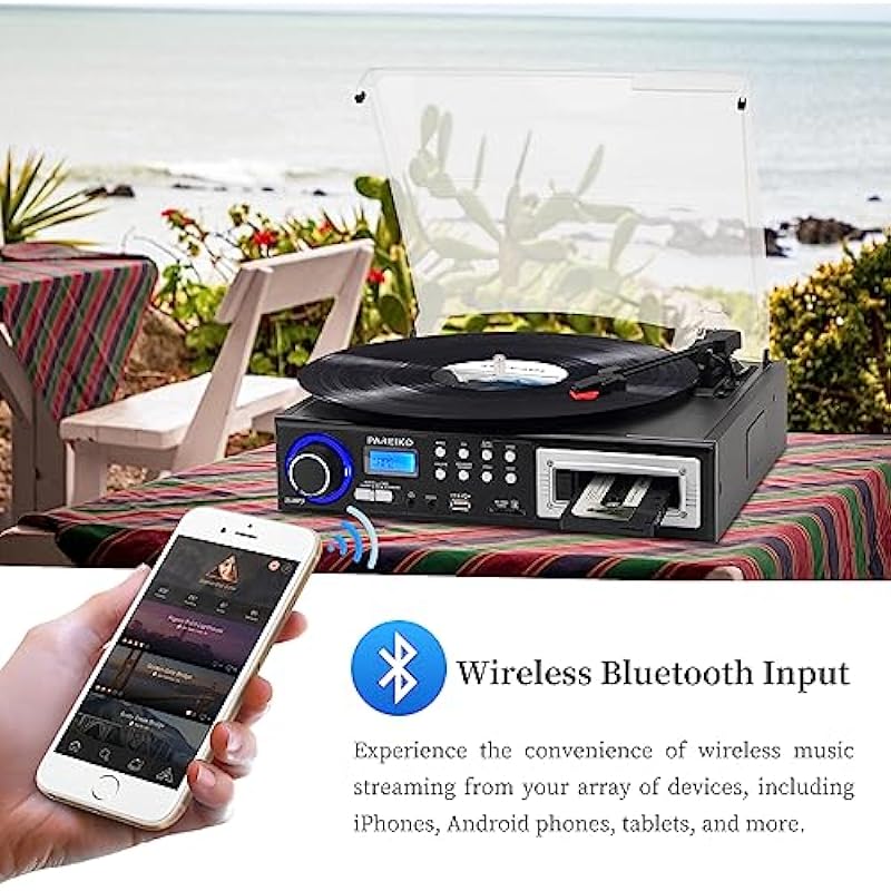 3 Speeds Record Player Portable Bluetooth Turntable with Built-in Dual Stereo Speakers, Vinyl Phonograph Supports USB/SD/MMC Cassette Aux-in 3.5mm Audio Jack, Black