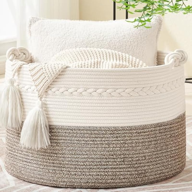 KAKAMAY Large Blanket Basket (20″x13″),Woven Baskets for storage Baby Laundry Hamper, Cotton Rope Blanket Basket for Living Room, Laundry, Nursery, Pillows, Baby Toy chest (White/Beige)
