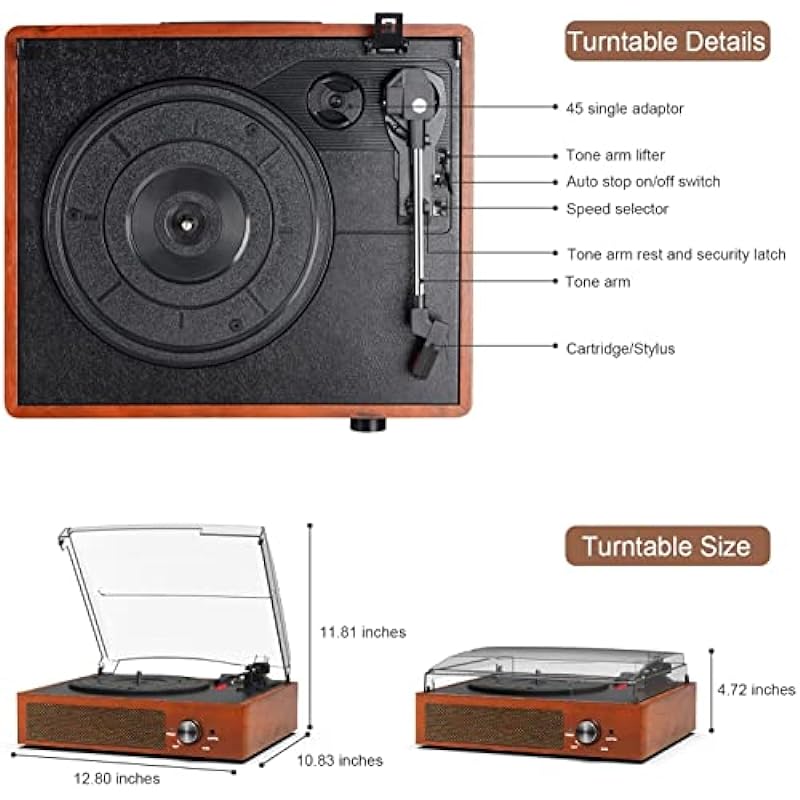 Bluetooth Turntable Vinyl Record Player with Speakers, 3 Speed Belt Driven Vintage Player for Entertainment AUX in RCA Out