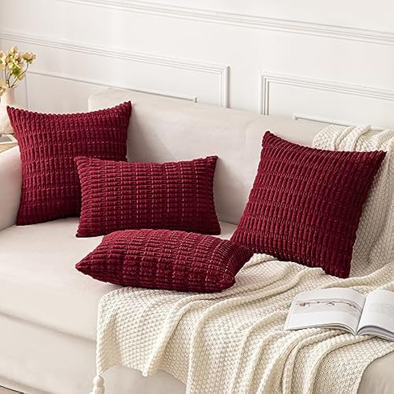 MIULEE Pack of 2 Burgundy CorduroyDecorative Throw Pillow Covers 18×18 Inch Soft Boho Striped Pillow Covers Modern Farmhouse Home Decor for Spring Sofa Living Room Couch Bed