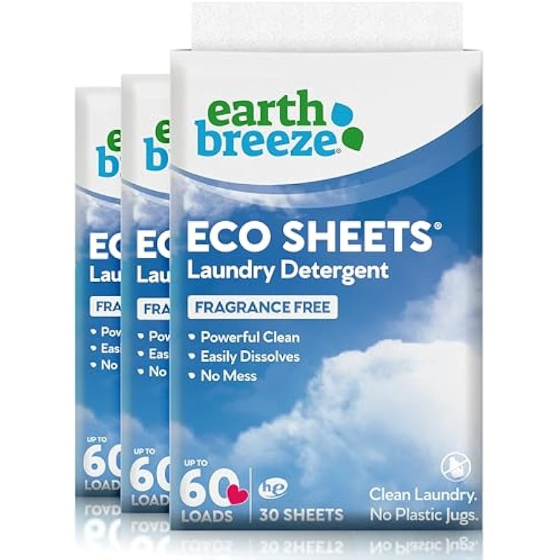 Earth Breeze Laundry Detergent Sheets – 90 Detergent Sheets (3 Pack) – 30 Sheets Per Pack – 180 Loads – Concentrated Liquidless Laundry Soap – No Plastic Jug – Fragrance-Free