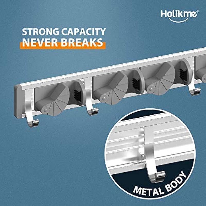 Holikme Mop Broom Holder Wall Mount Metal Pantry Organization and Storage Garden Kitchen Tool Organizer Wall Hanger for Home Goods (4 Positions with 4 Hooks, Silver)