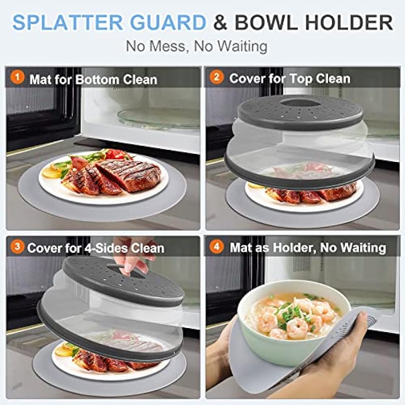 10 Inch Microwave Food Cover & Collapsible Silicone Mat – Splatter Guard, Plate Holder & Kitchen Colander for Meal Prep, Charcoal